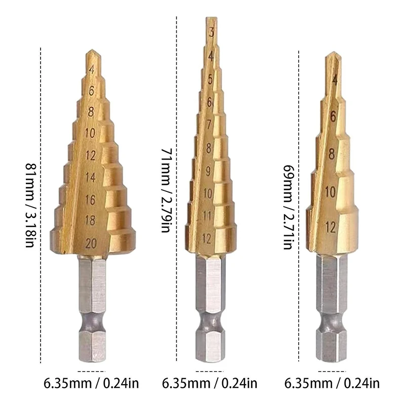 3 Pcs HSS Pagoda Drill Reaming Drill Bits Set Of 3 Straight Fluted Titanium Hexagonal Shank Step Drill Bits Tool Accessories