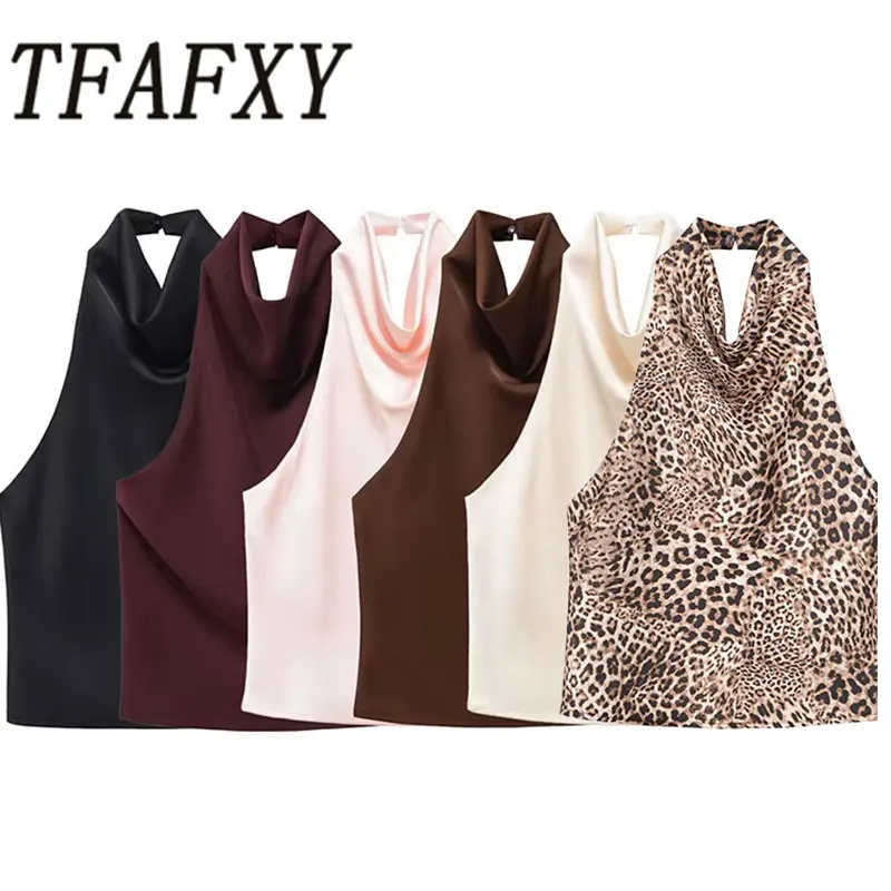 TFAFXY 2026 Tops de Verano Vintage de Satén Sexy para Mujer, Halter Sólido Drapeado sin Espalda, Chaleco Corto sin Mangas, Nuevas Blusas de Moda para Vacaciones