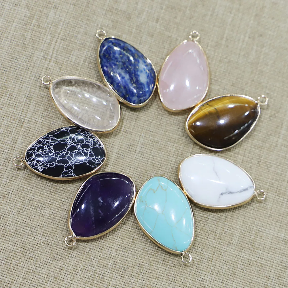 High Quality Natural Stone Oval Gold Gilded Edge Pendant Necklace Reiki Charms Fashion Making Jewelry Accessories Wholesale 6Pcs