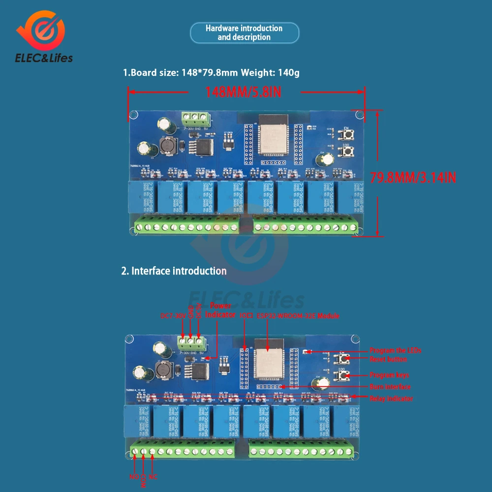 ESP8266/ESP32 Wifi 8 チャンネルリレーモジュール ESP-12f/ESP32-WROOM 開発ボード電源 5V/7-28V