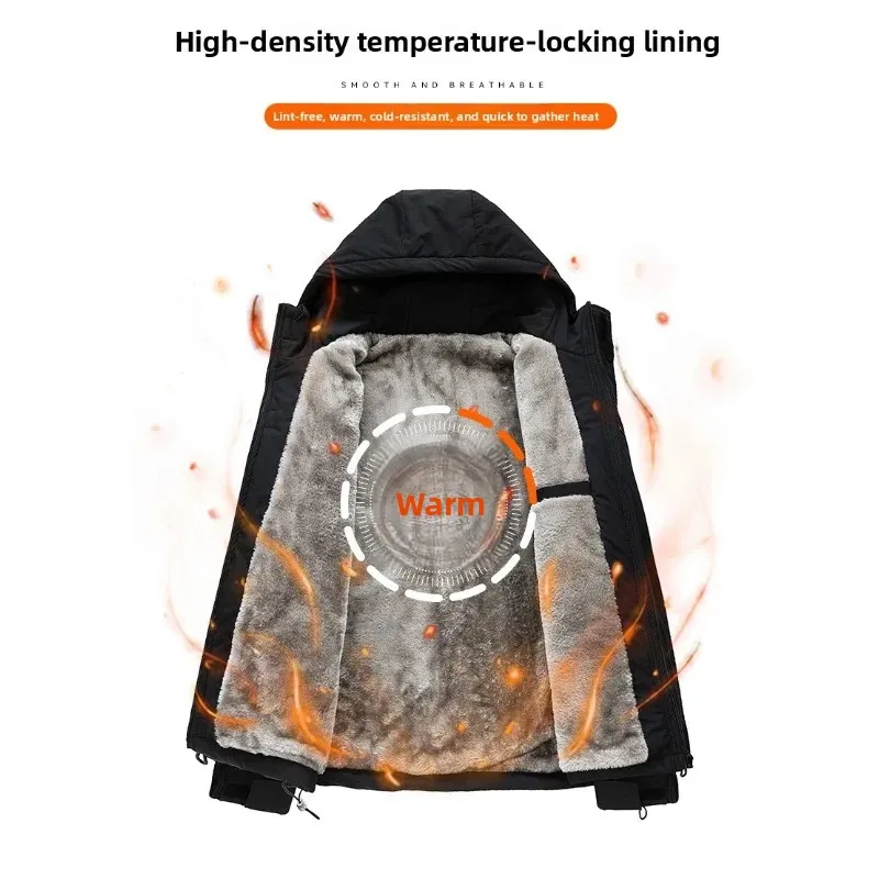 

Men's Hooded Outdoor Men's Windproof Down Jacket with Fleece Thickened Warm Large-sized Loose Trendy Workwear for Autumn Winter