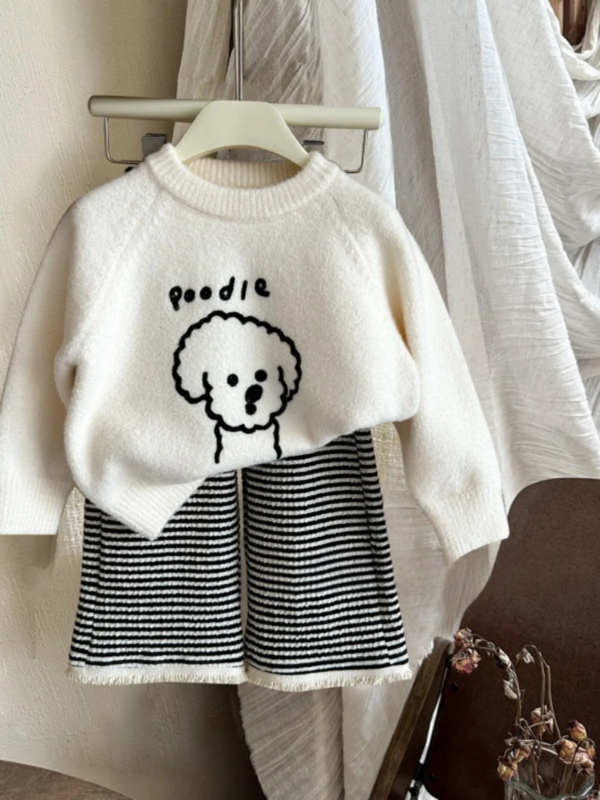

Early Autumn Knitted Sweater Set for Baby Girls Faionable Base Layer Top Long Sve round Ne Cotton Nine Points Pants