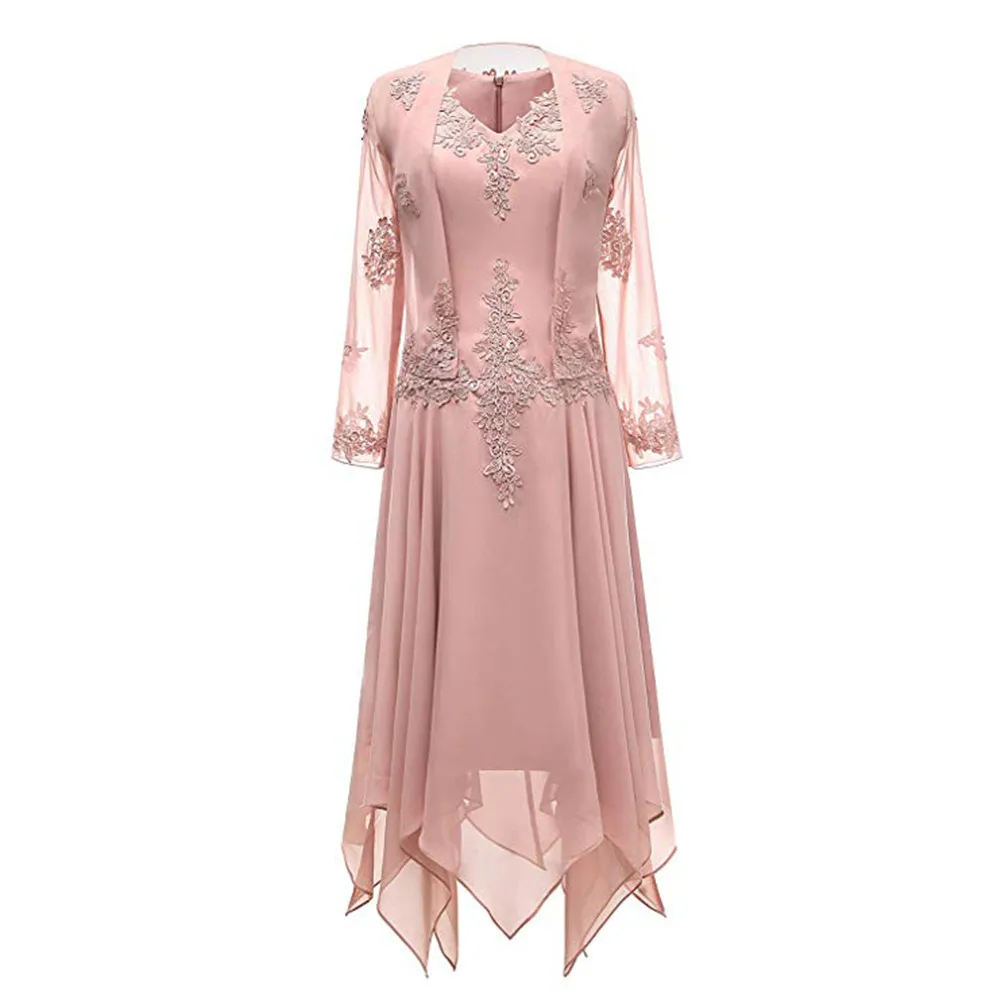 

Two Piece V Neck Evening Dress Chiffon Long Sleeve Bride Mom Dress Lace Up Lace Party Dress with Jacket Plus Size Customized