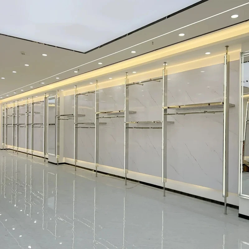 custom.New Design Retail Clothing Store Floor to Ceiling Wall Mount Adjustable Clothing Rack and Shelf with Led Sale