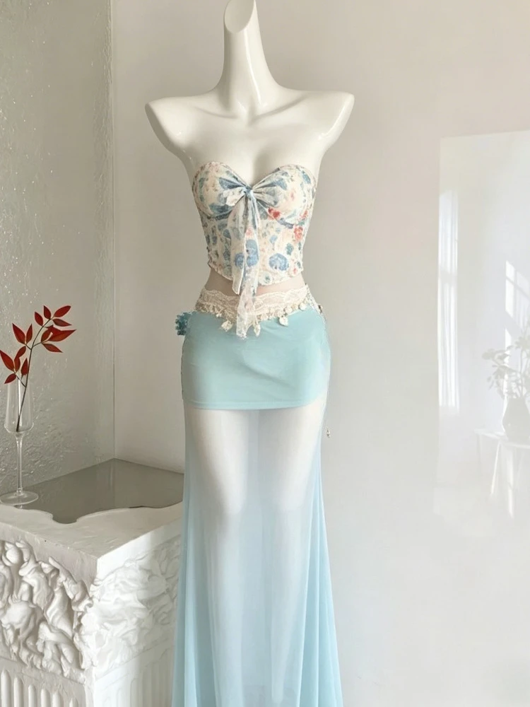 

Summer Casual Sweet 2 Piece Set Women Print Strapless Sexy Tops + Gradient Gauze Midi Skirt Female Chic Retro Holiday Outfits