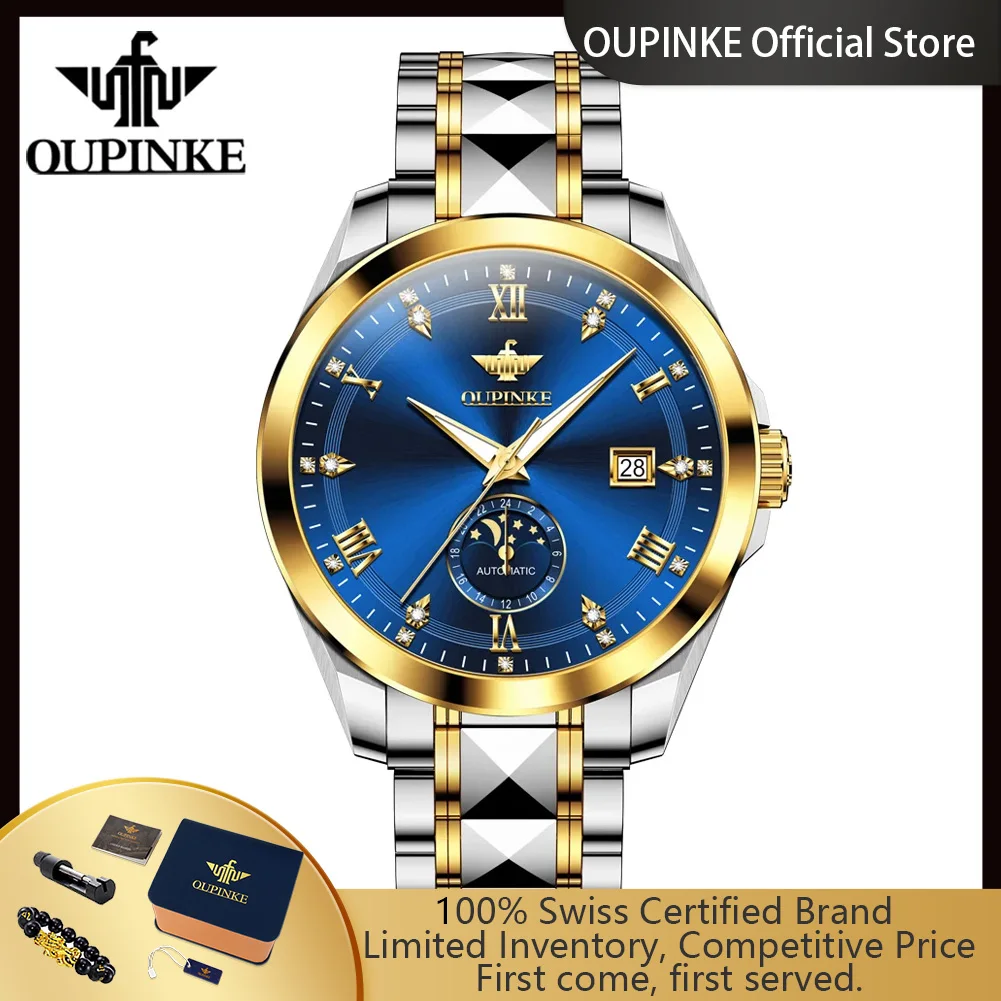 

Автоматические мужские часы OUPINKE Moon Phase, лучшие роскошные часы из вольфрамовой стали, водонепроницаемые механические наручные часы с автоматической датой для мужчин