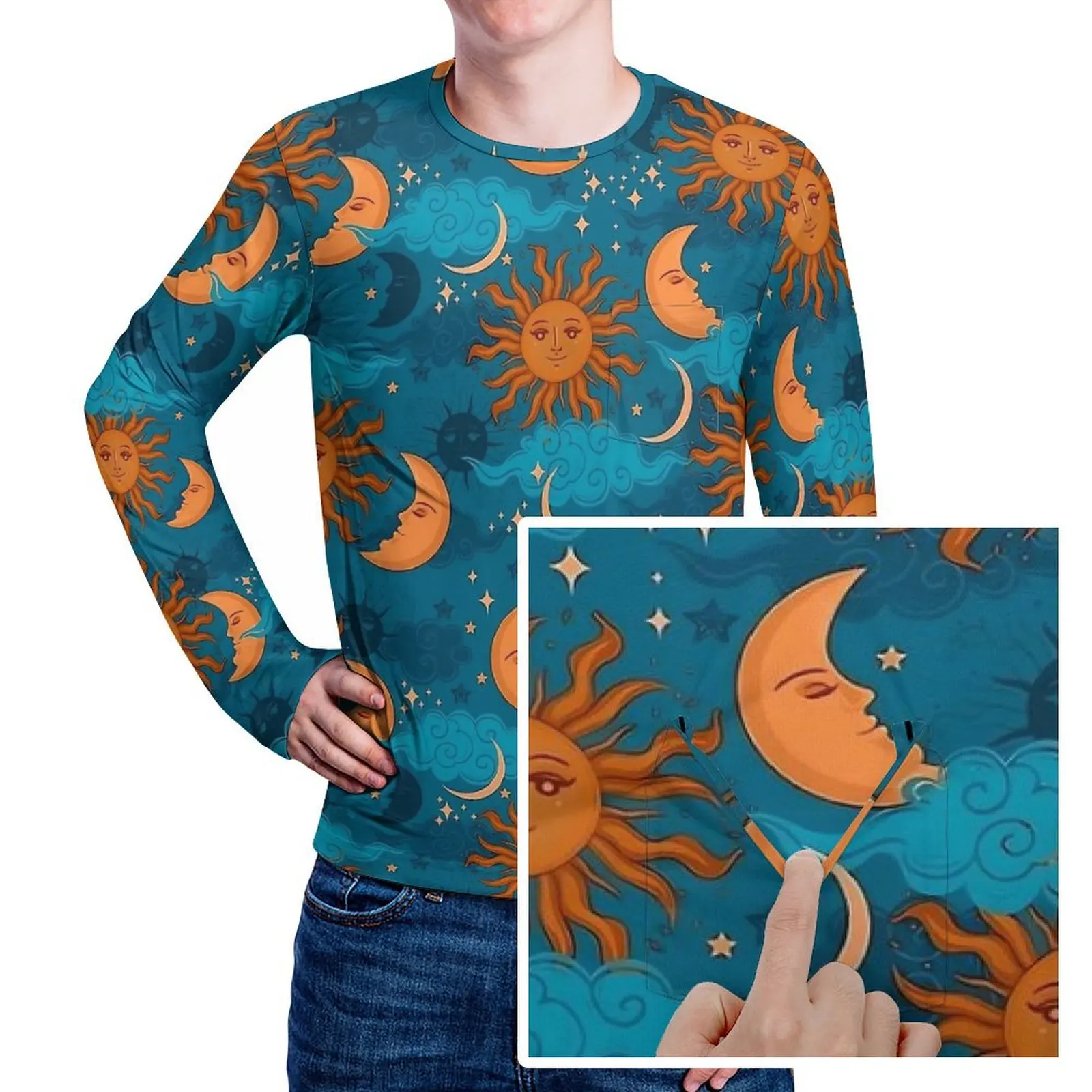 

Футболка с принтом «Солнце, Луна и звезды», мужские эстетические футболки, осенние винтажные футболки с длинными рукавами и графикой, топы большого размера