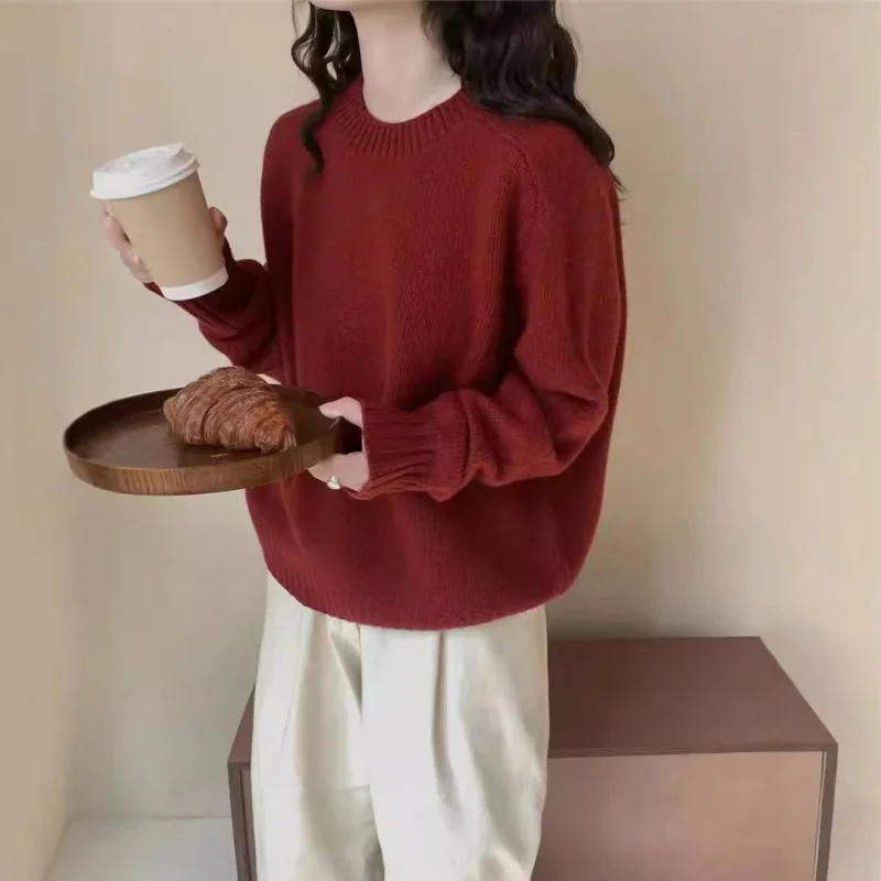 Korean Style Short Wool Shoulder round Neck Women's Knitted Sweater Loose and Lazy Style Sweater Fashion