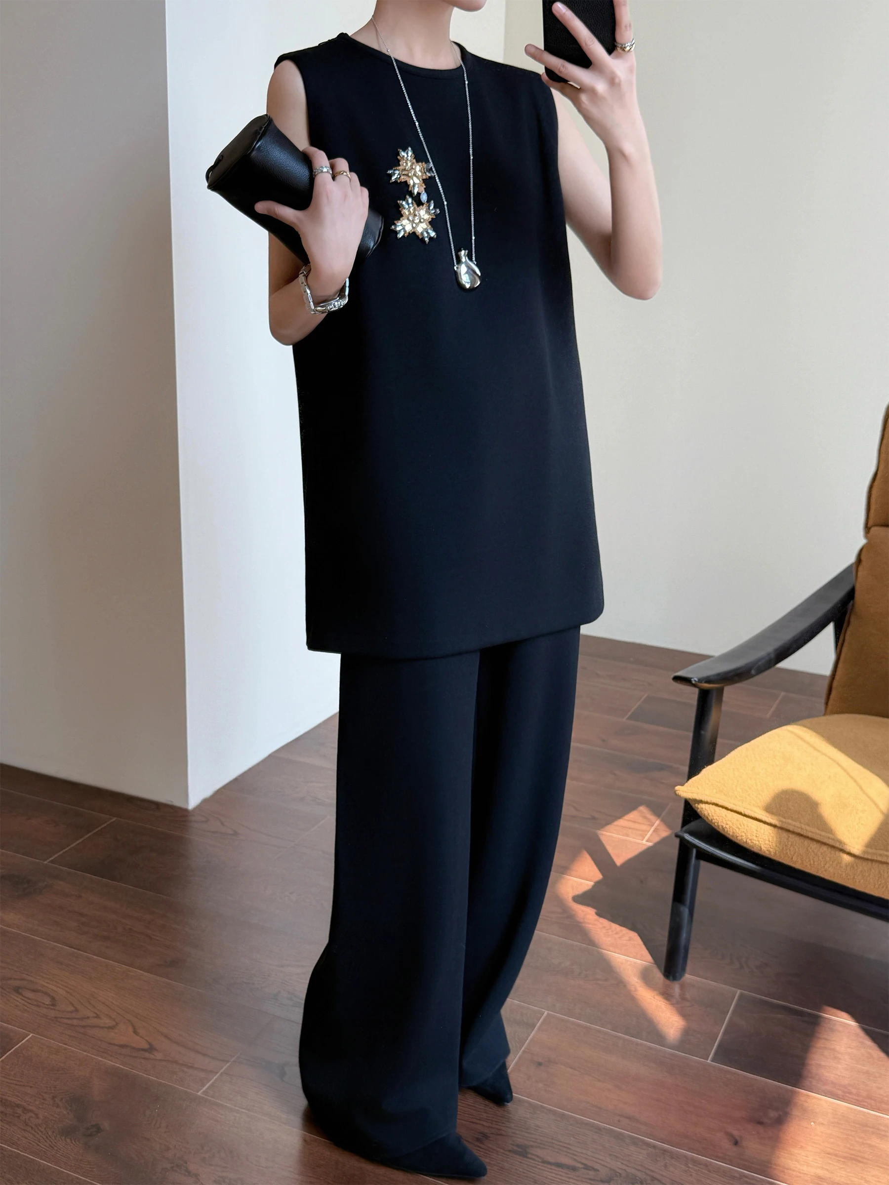 

WANGER Commute Layering Svel Wide Leg Pants Set Acetate Dr Elastic Waist Suit Sle Long Pants Two Piece Set