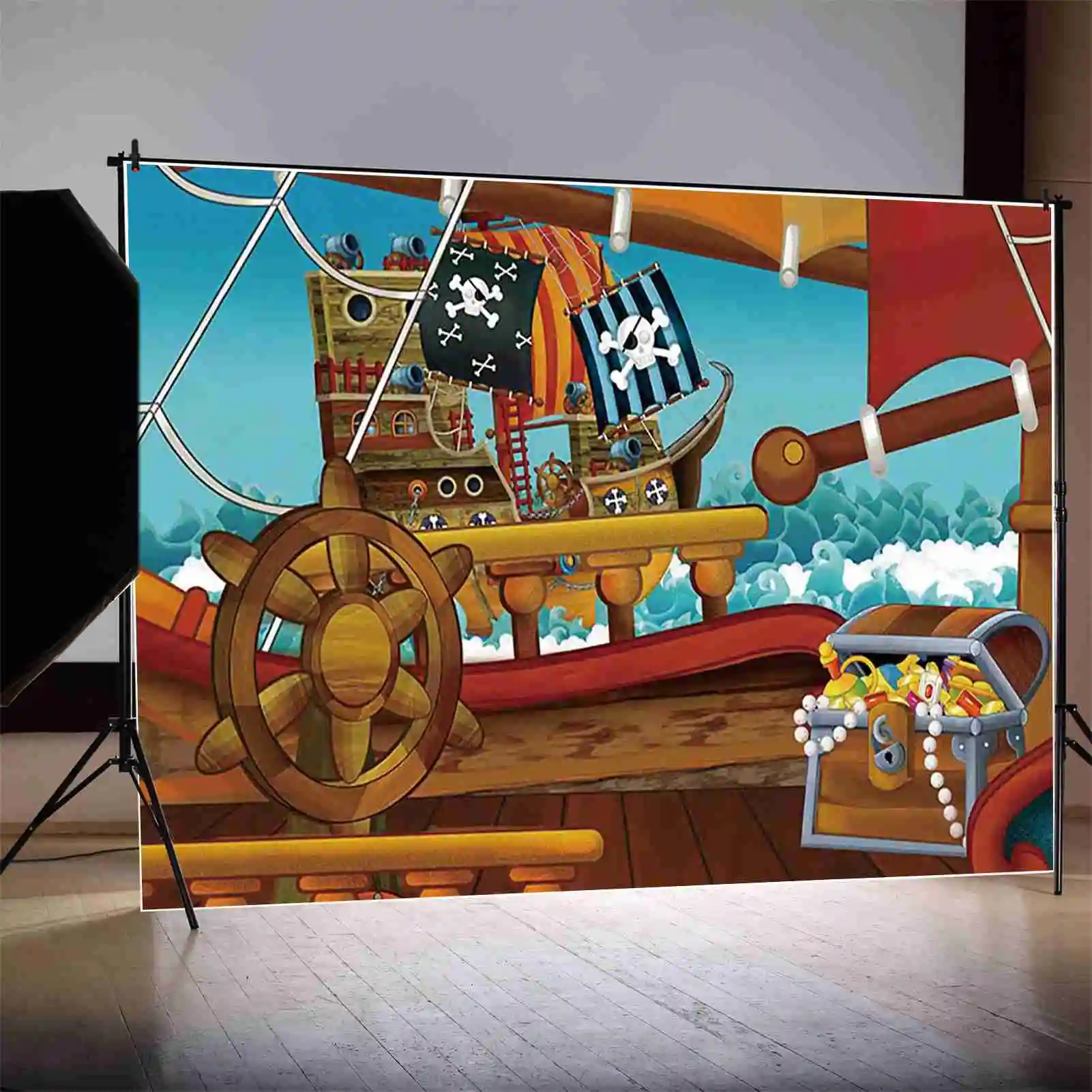 MOON.QG Pirate Ship Photography Backdrop World Map Wheel Sailing Photozone Background Children Studio Photobooth Props