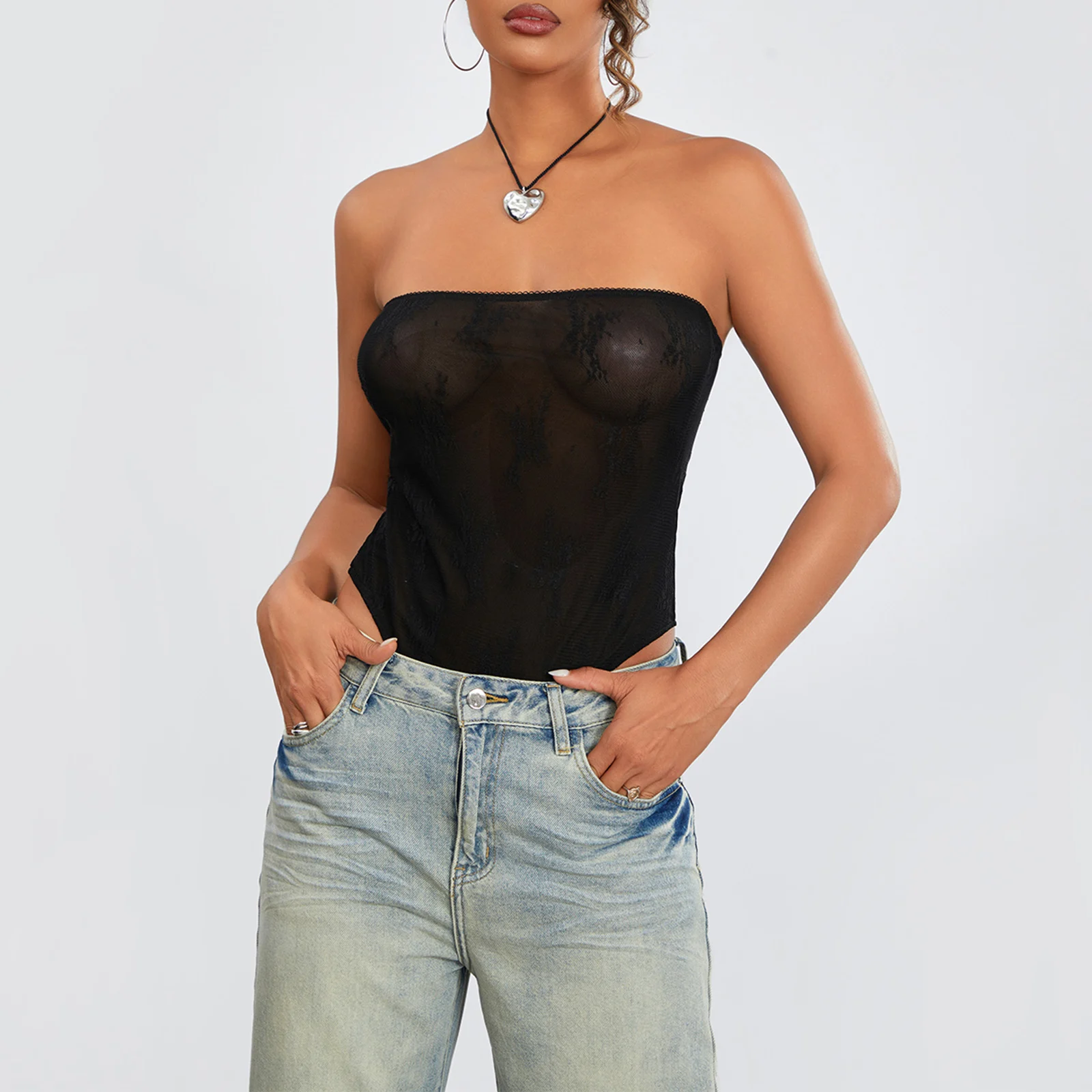 Bodysuit de renda sem alças feminino, macacão transparente, top puro sexy, roupa de clube, verão