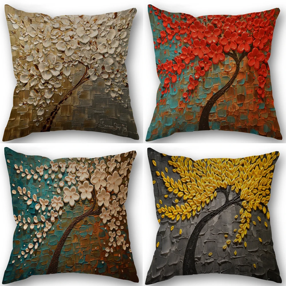 Colorful Oil Painting Tree Pillowcase Wedding Decorative Cotton Linen Pillow Case For Home PillowCover 45X45(One Sides)