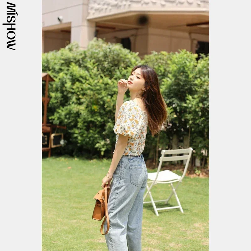 MISHOW Blouse Women 2023 Summer New High Waist Floral V-neck Casual Chiffon Shirts Puff Sleeve Shirt Female Fashion MXA24L0179