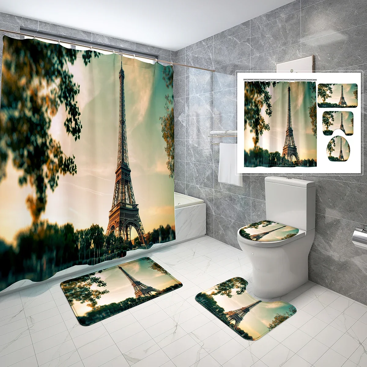 Creativity European Cityscape Shower Curtain Set Paris Eiffel Tower 4 Pcs Shower Curtain Bathroom Non-Slip Bath Mat Toilet Cover