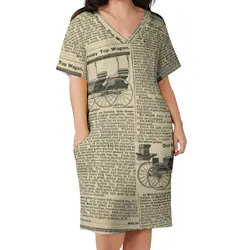 Vestido informal de periódico Retro para mujer, vestidos elegantes con estampado Digital, vestido gráfico estético de manga corta de verano de talla grande 5XL