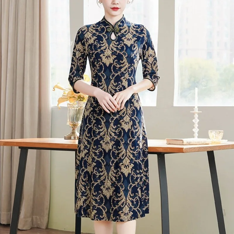 Chinese Style Summer Women's 2024 New Patchwork Stand Collar Printed Fashion Slim Minimalist Comfortable Half Sleeves Dresses