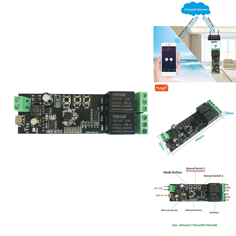 

Реле Wi-Fi Tuya, модуль 7-32 В, Wi-Fi DIY переключатель, режимы работы/Selflock, приложение/голос/LAN управление, умный дом