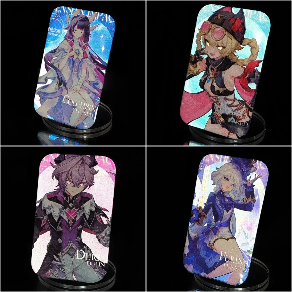 4Pcs/Pack Reflective Rectangle Badge Anime Game Focalors God of Justice Damselette Jahoda Durin Pin Breastpin Cartoon Jewelry