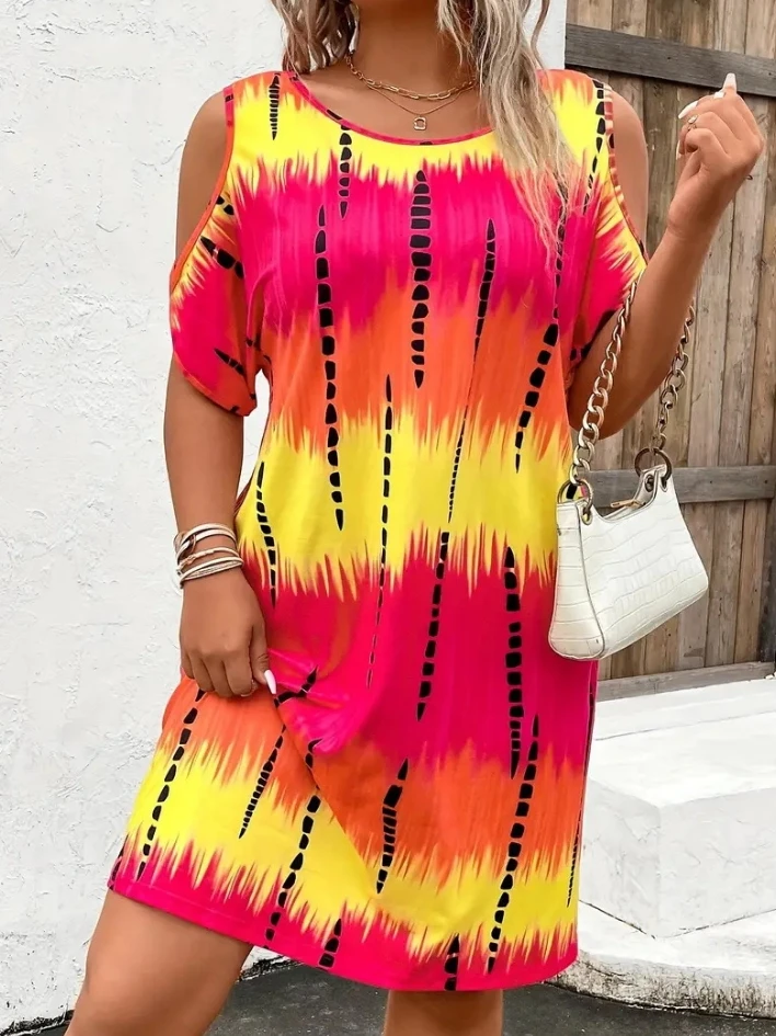 

Plus Size Women's Dress Casual Basic Tie Dye Print Round Neck Cold Shoulder Hollow Out Half Sleeve High Waist A-line Mini Dress