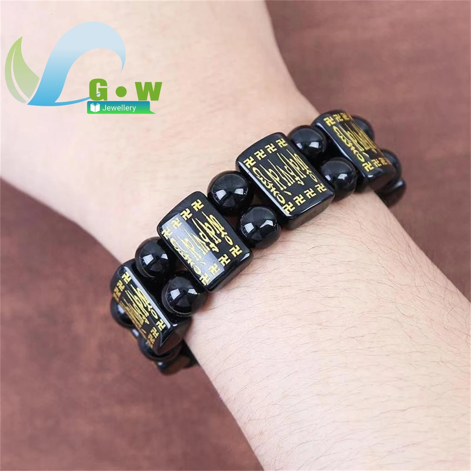 

Черный агат, шесть истинных слов, двухрядный браслет для мужчин и женщин, пара квадратных бусин из обсидиана, золотая фольга, штампованный браслет на руку, ювелирные изделия