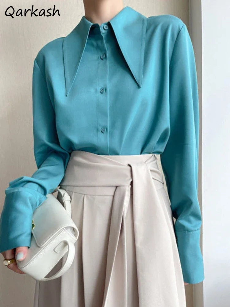 

Long Shirts Women Ulzzang Smooth Autumn Lapel Tops Gentle Office Lady Loose Harajuku Fashionable All-match French Style Temper