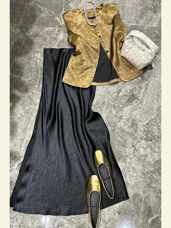 

Spring New Chinese Zen Style High End Elegant Acetate Satin National Style Vest Dress Set Korean Version High Waist A-Line Skirt
