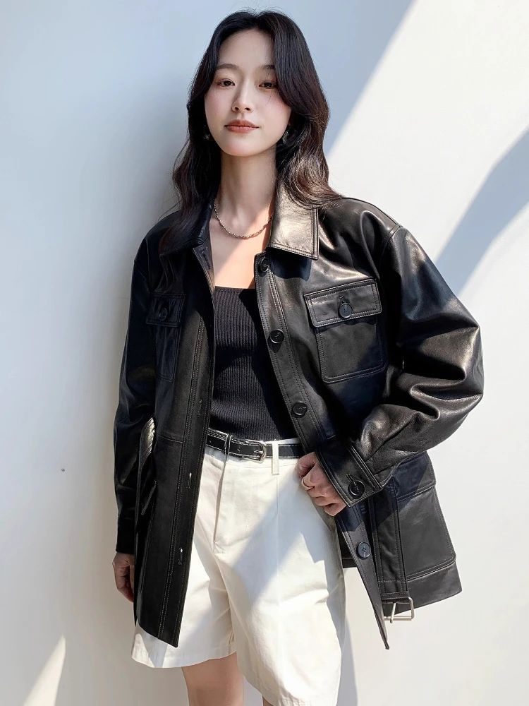 Vintage-Cargojacken aus echtem Leder für Damen, Frühling und Herbst 2022, neuer High-End-Mantel aus schlichtem, schmalem, weichem, schwarzem echtem Ziegenleder mit Gürtel