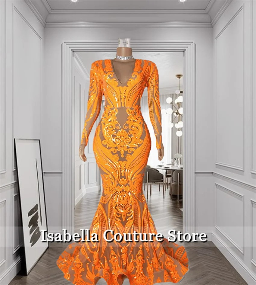 

Stunning Orange Long Prom Dress Evening Dresses Long Sleeves Birthday Dress O-Neck Vestidos De Fiesta Customized