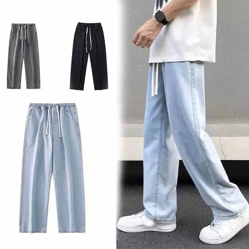

Elastic Waist Men's Casual Jeans Loose Fit Straight Leg Wide Leg Pants Wide Leg Basic Design Denim Trousers Men's Clothing