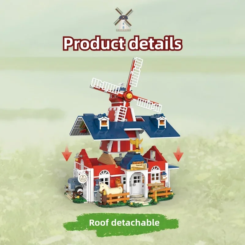 Windmill Farm Building Blocks 1810PCS Garage Stable Hut Model with USB Light Creative Play Toy Holiday Gift for Kids Adults