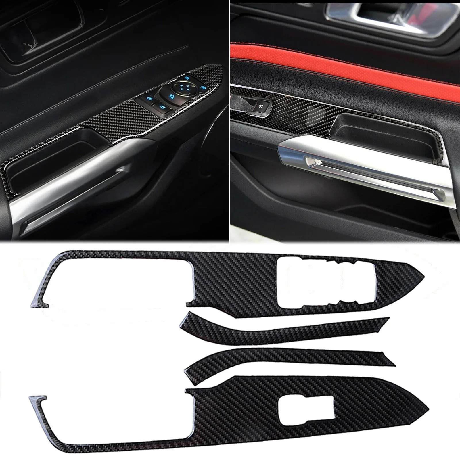 Soft Carbon Fiber Interior Door Window Switch Panel Cover For Ford Mustang 2015 2016 2017 2018 2019 2020 2021 2022 2023 (4pcs)