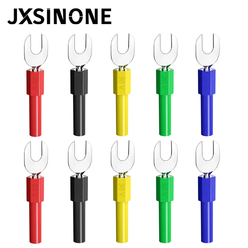 JXSINONE P4003 10 STKS 6mm Spade Plug Naar 4mm Jack Breedte U & Y Type Lassen Insert Harpoen Naar 4mm Banaanstekker 5 Kleuren