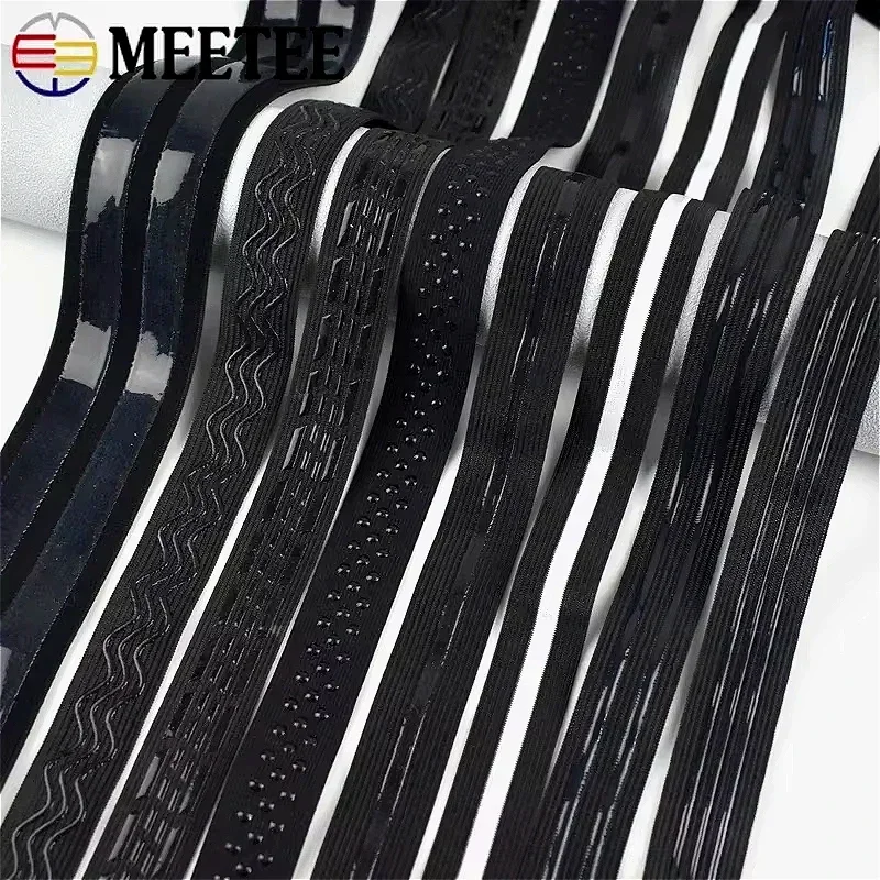 Meetee faixa elástica preta de silicone antiderrapante, 1/2 metros, para cinto esportivo, fita elástica, faça você mesmo, material de costura de