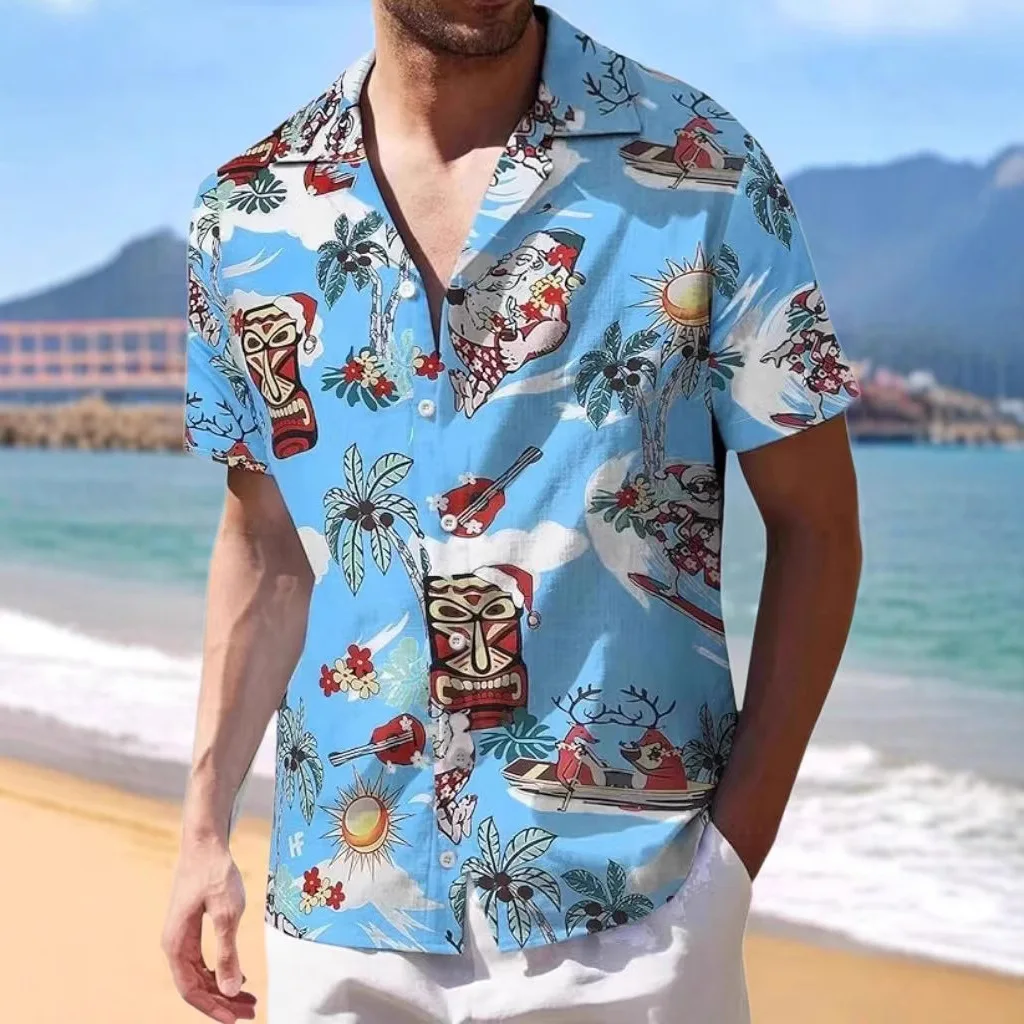 America Style Hawaii Beach holiday Shirt for Men Summer Vintage Short Sleeve Sun-protection Cubber Neck Printed Blouse Male Tops