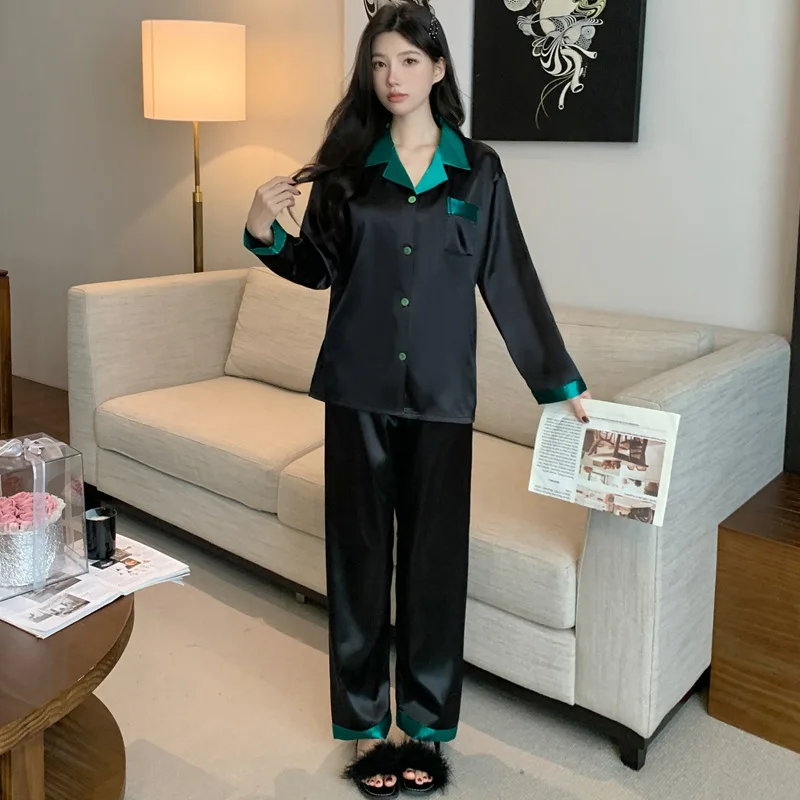 Advanced Ice Silk Cool Sleepwear for Women in Spring and Autumn Long Sleeved Set Black Temperament Homewear Set Worn Externally