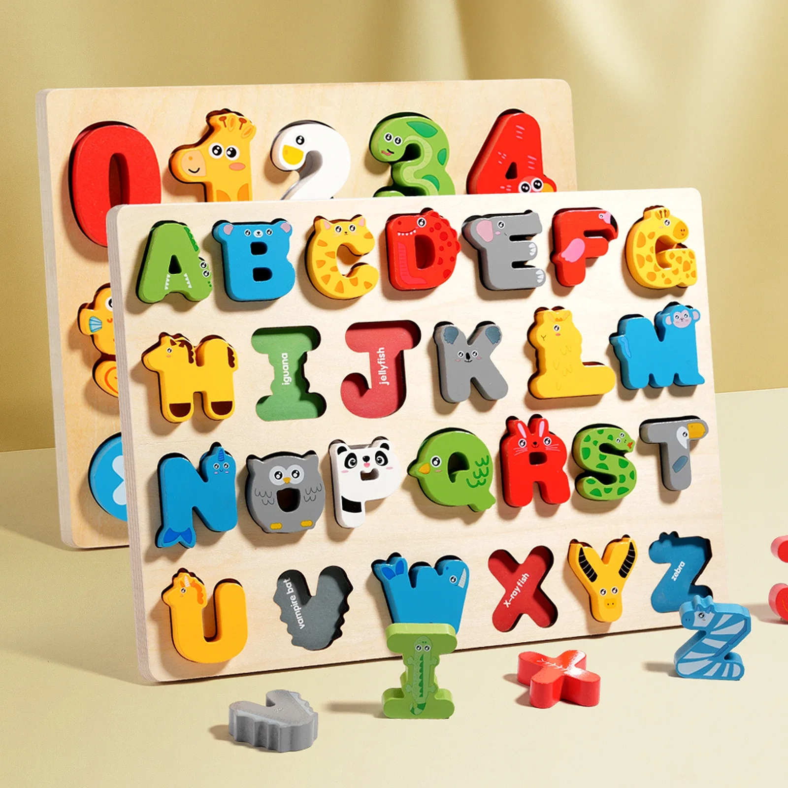 Montessori Wooden Toys 3D Colorful Alphabet Number Puzzle Puzzles Matching Games Early Education Mathematics Shape Cognition