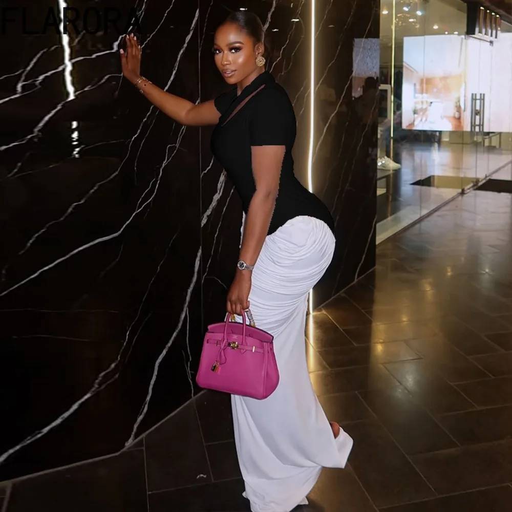 Florora elegante ruched retalhos maxi vestido mulher gola inclinada oco para fora magro vestidos longos moda festa clubwear vestidos