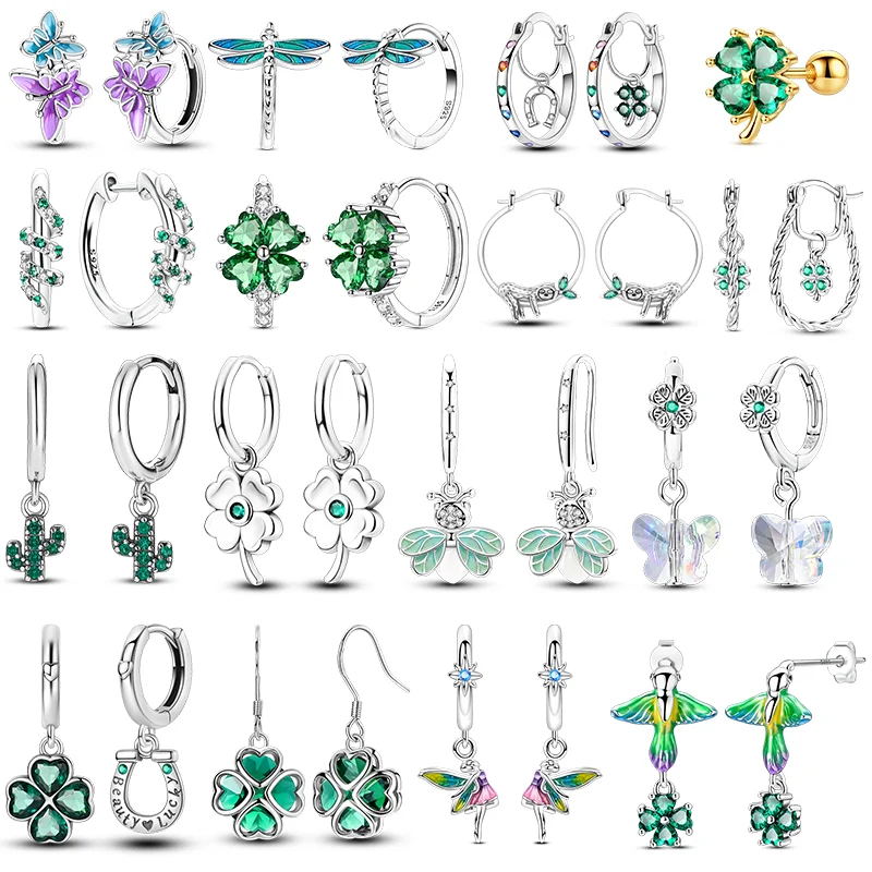 925 Silver Green Earrings Sparking Four Leaf Clover Firefly Sloth Hoop Earring For Women Girls Anniversary Wedding Jewelry Gifts