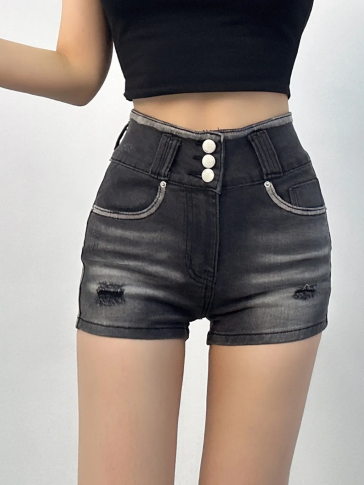 

Washed Denim Shorts Summer Spicy Girl High Waist Three Button Slim Wrap Buttocks Ripped Hole Fashion Sexy Shorts D513