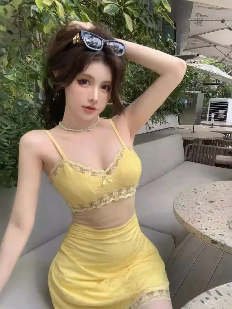 

Yellow Fashion Bright Lace Splicing Sheer Sexy Design Sense Cinching Waist Slim Wrap Hip Pure Desire Spicy Girl Mini Dress D2ID