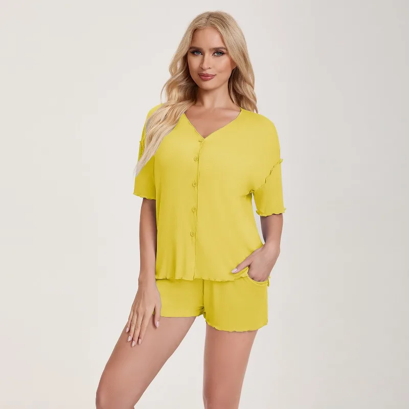 2026 New Summer Women's Pajama Set With Viscose Fiber Comfortable And Simple V-neck Cardigan, Short Sleeve Shorts, Home Wear