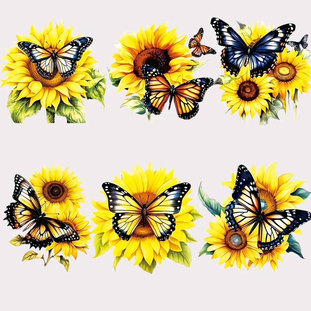 

6pcs Sunflower Butterfly Heat Transfer Vinyl Patches Washable Iron On Decals for T-Shirts Clothing DIY Craft