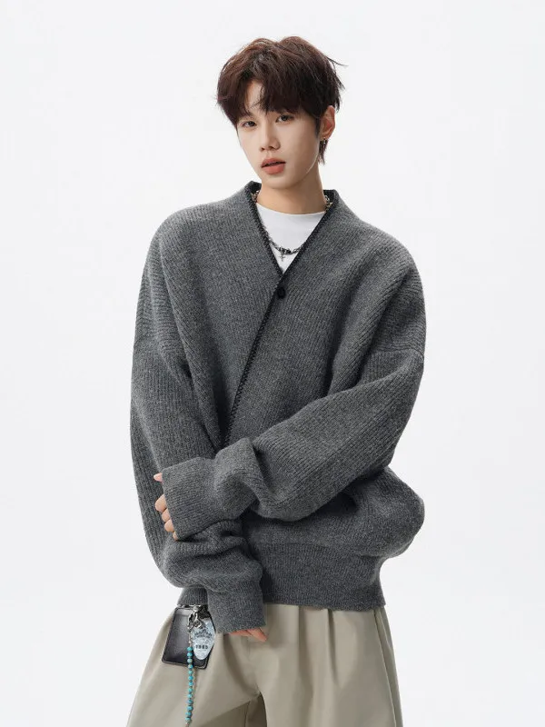 

Мужской вязаный кардиган TANGZ Studio с V-образным вырезом, асимметричный дизайн, теплый, повседневный, модный, из мягкой полиэстеровой смеси