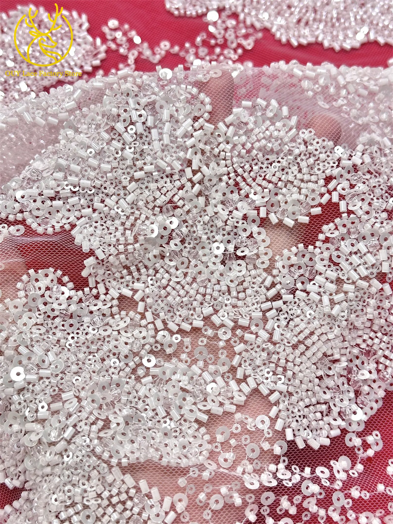 Barock-Stil, perlenbesetzter nigerianischer Tüll-Spitzenstoff 2026, hochwertige französische Pailletten-Spitze für Hochzeits- und Partykleider, zum Nähen, 5Y – Detail 14