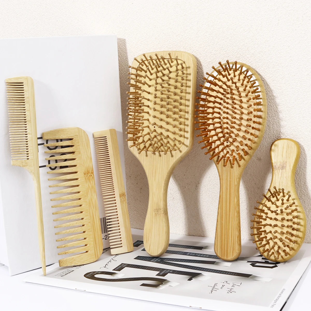 

6pcs bamboo comb set, including mouse tail comb, double headed comb, and air cushion brush,Special for real hair wigs