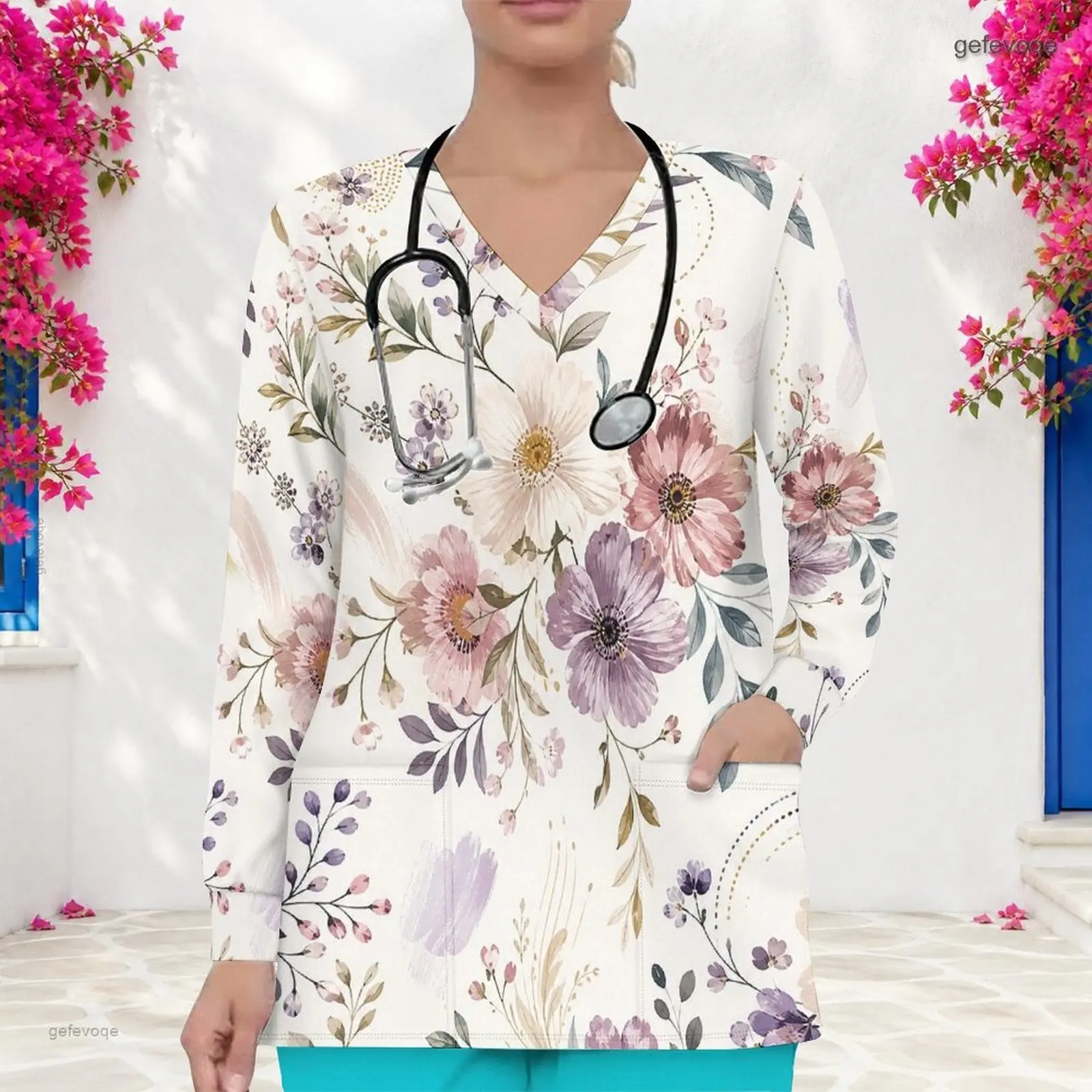 V Neck Long Sleeve Front Pockets Printed Scrub Top for Women