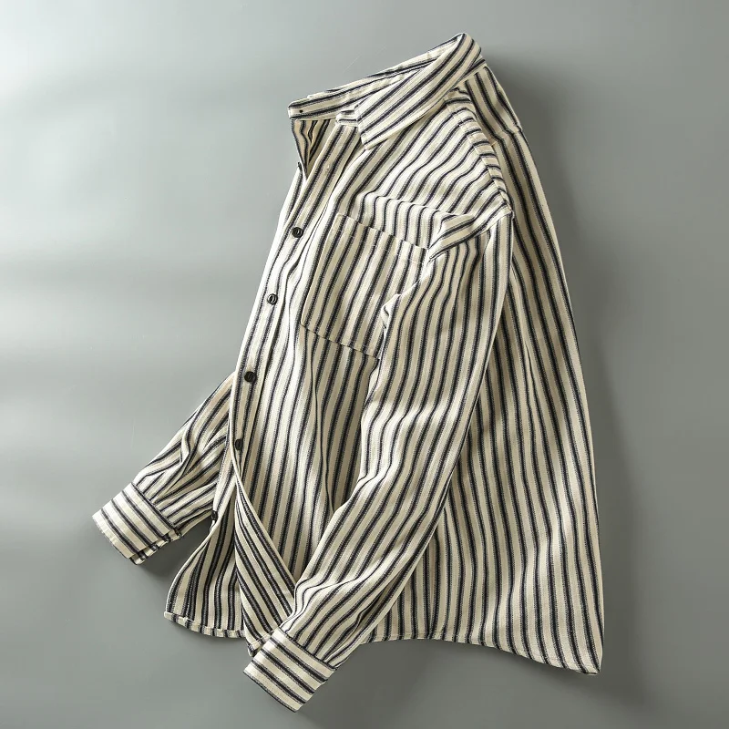 

American Retro Ameika Wind Full Cotton Thi Weave Texture Men's Loose Collar Vertical Stripe Long Sve irt Jaet Trendy