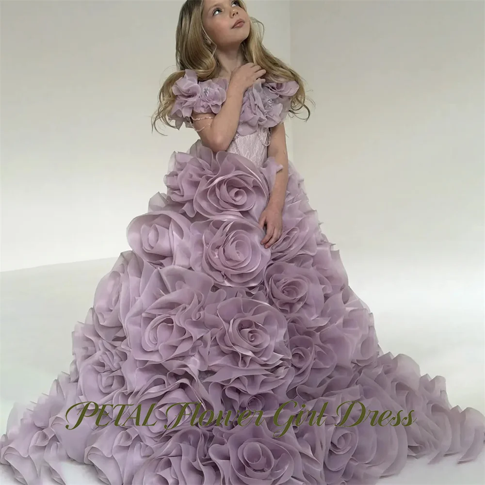 Petal with 3D Floral Flower Girl Dress Long Train Kids Birthday Party Dress Dusty Lavender Tutu Fluffy Prom Gown Customized
