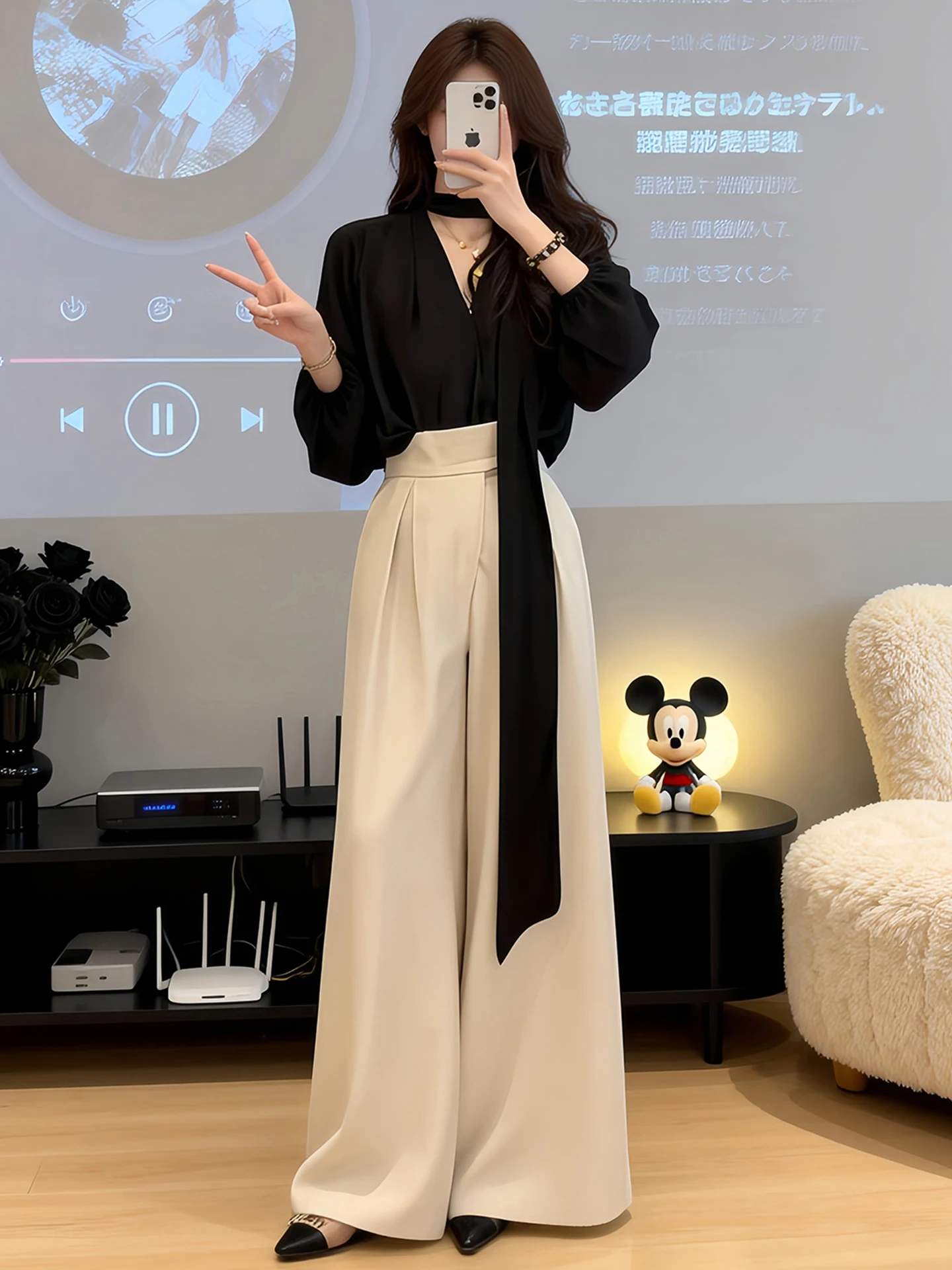 

Elegant Black V-neck Sash Shirt High Waist Slimming Wide Leg Suit Pants Set Women's Fashion Spring Autumn New Style Casual Wear