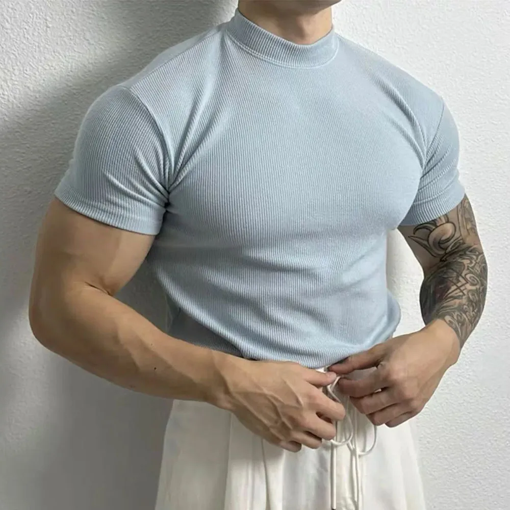 Mens Shaping Slim Knitted T-Shirt Genderless 24 New Fashion Elastic Casual Versatile Comfort Solid Color Short Sleeve Top Unisex